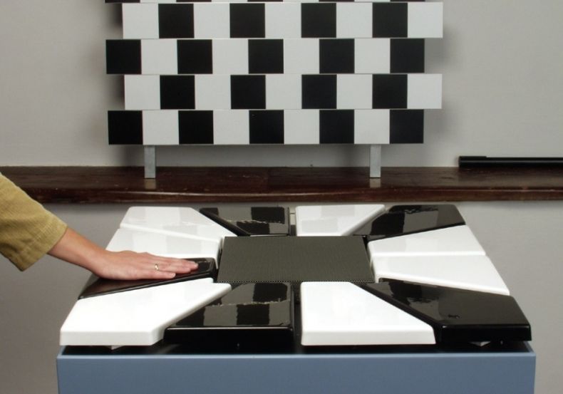 zdjęcie przedstawia dłoń położoną na jednym z czarno-białych eksponatów, w tle czarno-biała grafika w kwadraty tworząca iluzję optyczną