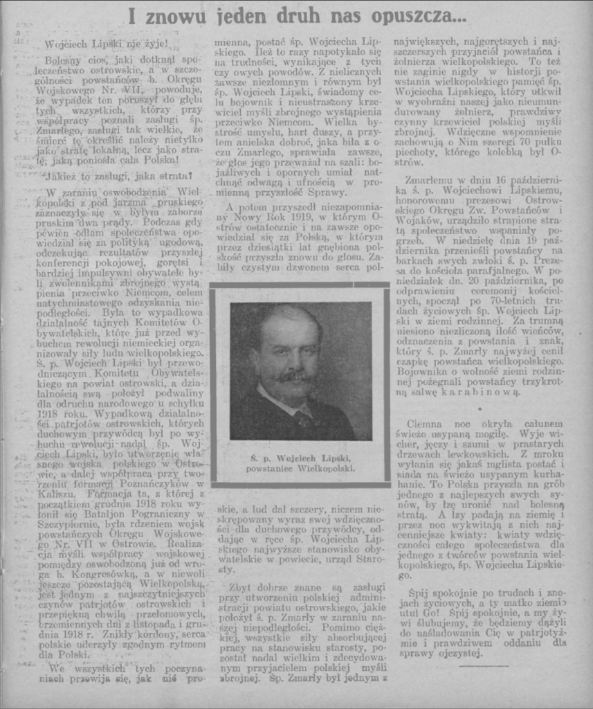 Wycinek z gazety  Junak: tygodniowy ilustrowany organ Wojewódzkiego Komitetu Wychowania Fizycznego i Przysposobienia Wojskowego Poznań-Toruń 1930.11.23 R.2(11) Nr46/47 pi "i znów jeden druch nas opuszcza"  https://www.wbc.poznan.pl/dlibra/publication/149396/edition/158222/content