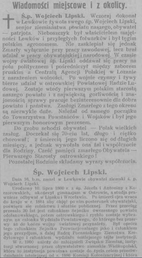 Wycinek z gazety Orędownik Ostrowski z dnia 17.10.1930,
https://www.wbc.poznan.pl/dlibra/publication/199817/edition/193031/content  
rubryka Wiadomości miejscowe i z okolicy podzielone na części, cz.1 