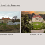 po lewej widok na pałac przed remontem, po prawej po remnocie