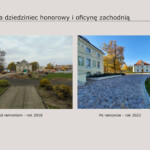 widok na dziedziniec honorowy i oficynę zachodnią, po lewej przed remontem, a po lewej po remoncie