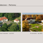 Po lewej widok na Pałac z lotu ptaka przed remontem, po prawej po remoncie